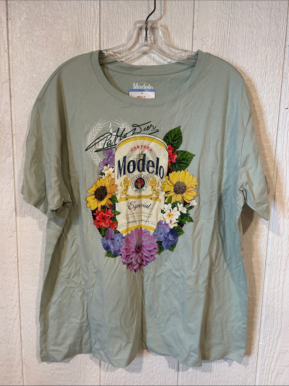 NEW Modelo Sage Green Graphic Tee with Floral Logo